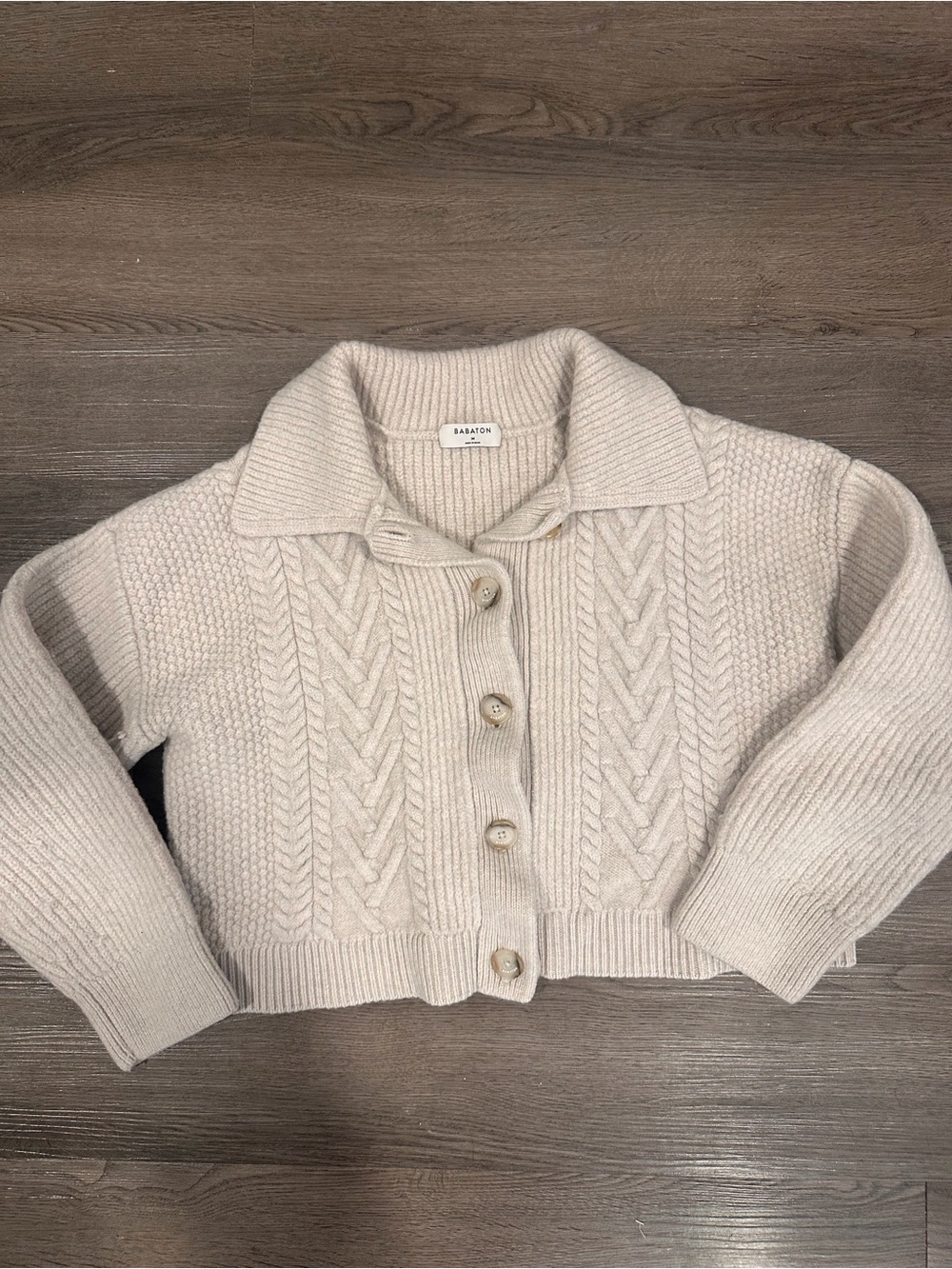 Aritzia Babaton wool Cream Cable-Knit Button-Up Sweater